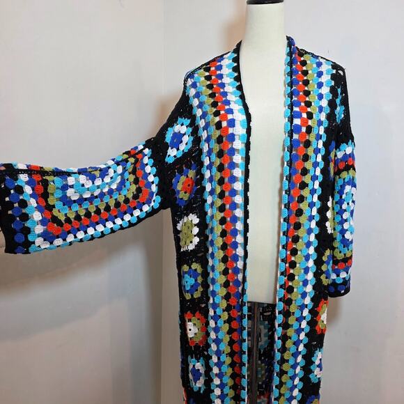POL Boho Crochet Granny Square Long Kimono Cardigan Multicolor 0S - Picture 3 of 10